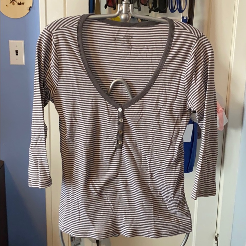 Old Navy White and Grey Striped Button Tee